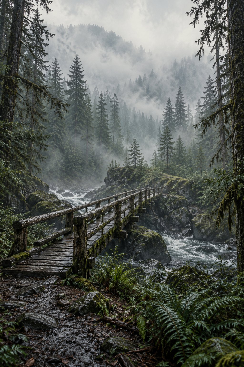 Greywater Reach concept artwork showing a timber footbridge over a river beneath misty evergreen trees